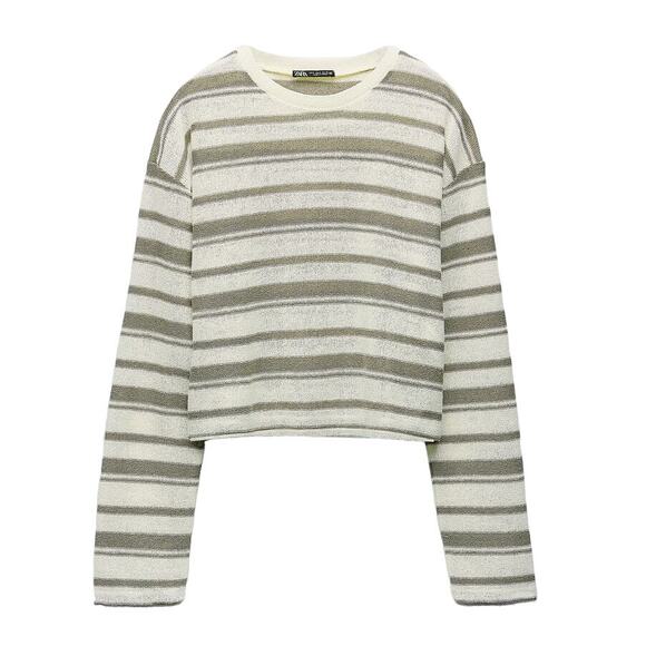 ZARA Crop Rustic Sweater Striped Long Sleeves Cotton White Gray Crew Neck Medium - Picture 10 of 11